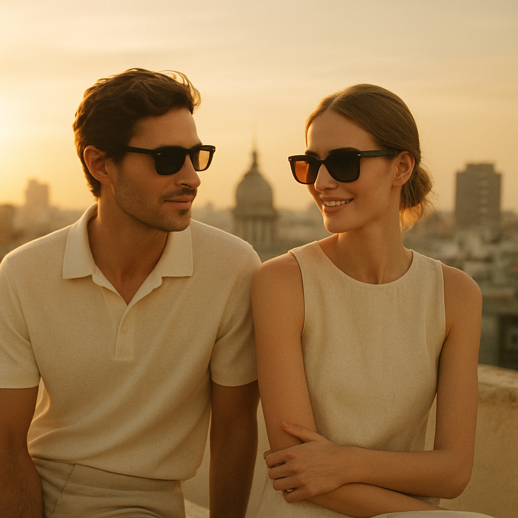 Una pareja con anteojos Eye & Dear en una azotea de Buenos Aires al atardecer